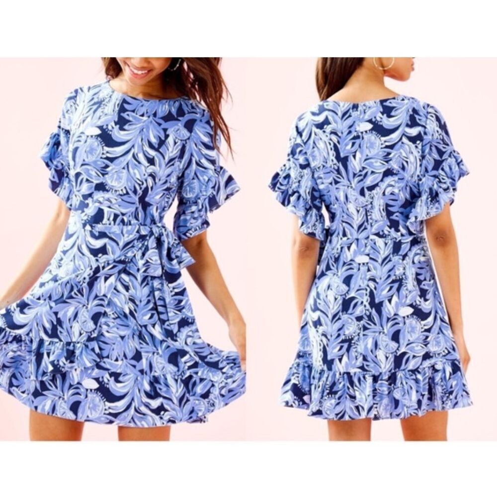 Lilly Pulitzer Blue Floral Ruffle Dress Size 4 | Short Sleeve Tie Waist Mini